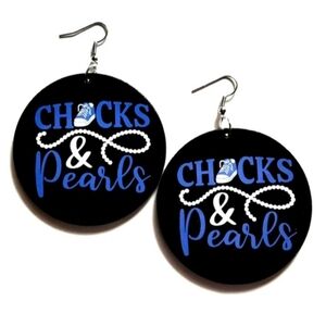 Blue CHUCKS and PEARLS Statement Wood Dangle Drop Earrings